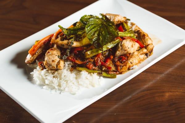 Chao Chicken - stir fried chicken, thai basil, red chili, jasmine rice (available on lunch menu)