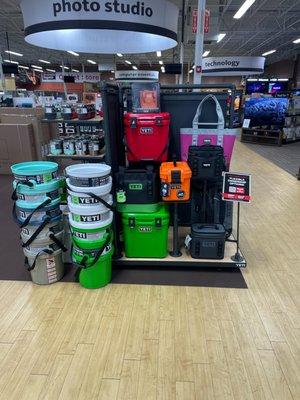 Yeti coolers and buckets on display and for sale