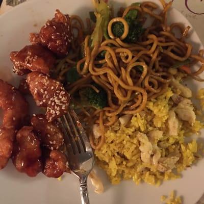 Vegetable Lo Mein, Chicken Fried Rice, and sesame chicken.