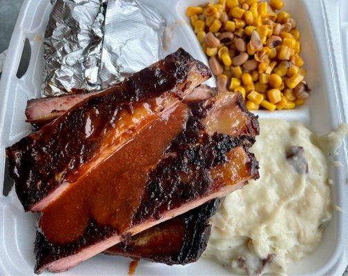 Half rack of 1/2 Slab St. Louis Ribs Platter with mashed pototes and Black-Eyed Corn