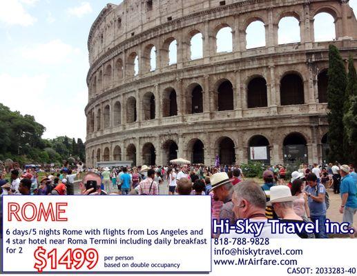 6 days/5 nights Rome with flights from Los Angeles and
4 star hotel near Roma Termini including daily breakfast
$1499 pp based on dbl.