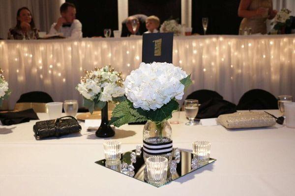 Centerpiece hydrangea flower with bridesmaid bouquet in back.