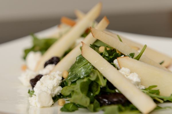 Baby Arugula Salad, Lemon & Lime Vinaigrette, Toasted Pine Nuts, Korean Pears, Dried Cherries & Crumbled Goat Cheese
 ChefChrisLaVecchia.com