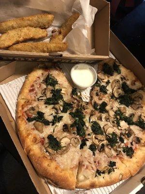 Vegan cheese pizza and fried pickles