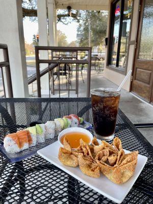 Crab Rangoon, rainbow roll and Diet Coke!