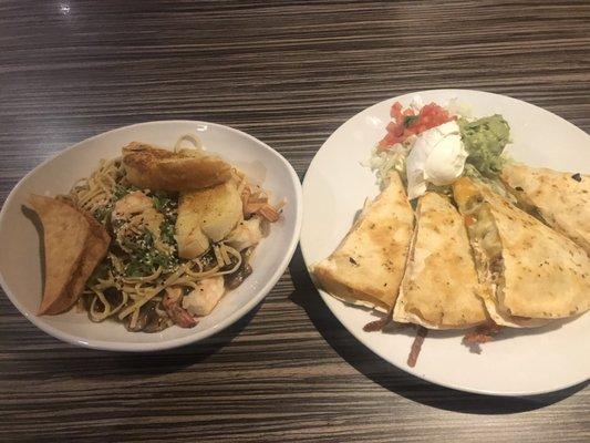 Chicken quesadillas and Asian Shrimp pasta. Both were good.