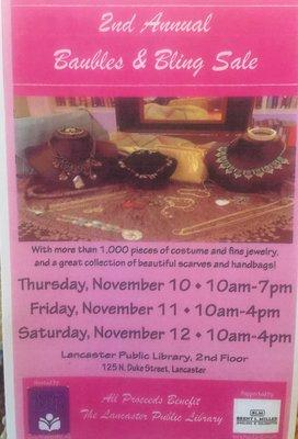 Bling sale to help sustain library! Please come by and support our little jewel here in the city!