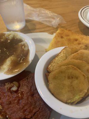 Meatloaf, mashed potatoes and fried squash