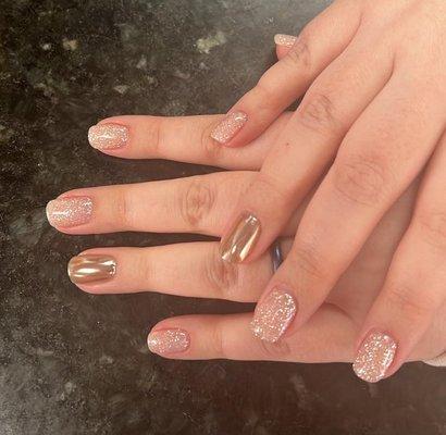 Hard gel fill in, glitter polish with chrome accent nails