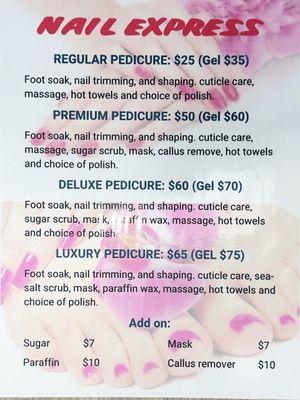 Pedicure Menu