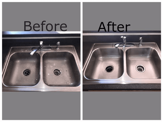 dirty sink with paint all over it before and after a deep cleaning.