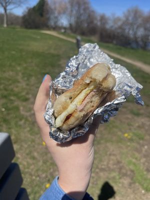 English muffin breakfast sandwich with Canadian bacon and Tabasco mayonnaise