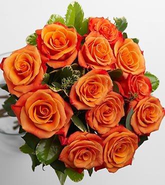 Dozen orange roses arranged in a vase.