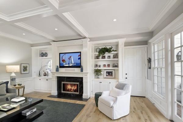 entrainment center and coffered ceiling