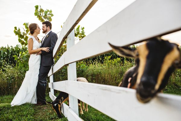 The bride and groom enjoying a moment by the goat house.
 Photo by Willow Lane Photography.