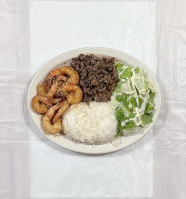 Beef and Shrimp  Teriyaki with Rice and Salad