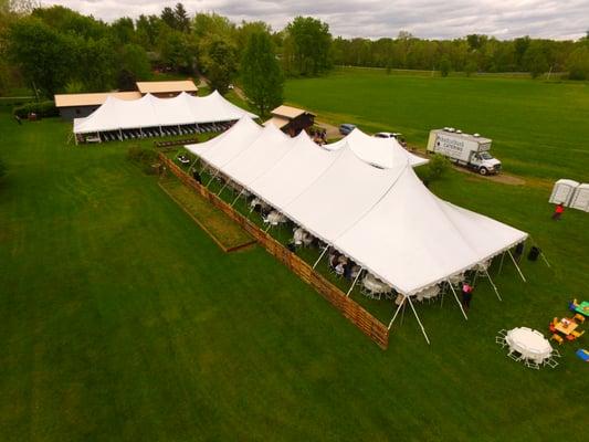 Aerial view of our 40x100, 40x120, & 20x40 pole tents.