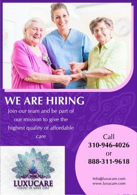 We are open for qualified caregivers. High rate. Performance based salary, experienced counts.