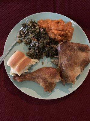 Baked Chicken with Sweet Potatoes and Collard Greens. YUM!