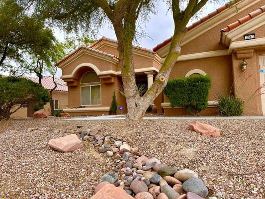 Riverbed, drought, tolerant, plants, boulders with a perfect design, make this yard magazine, worthy. 725 377-8505