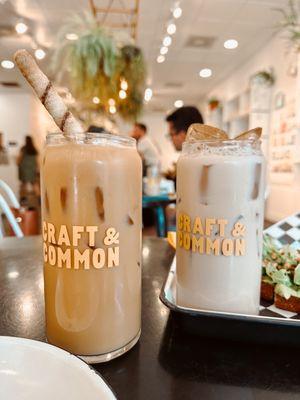 HAZELNUT TOFFEE LATTE - large and ICED BANANA CHAI - large