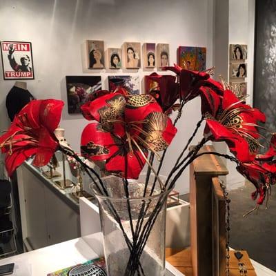 Some of George Fowler's metal flowers at Kettle Art.