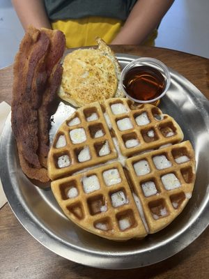 Waffles egg and bacon