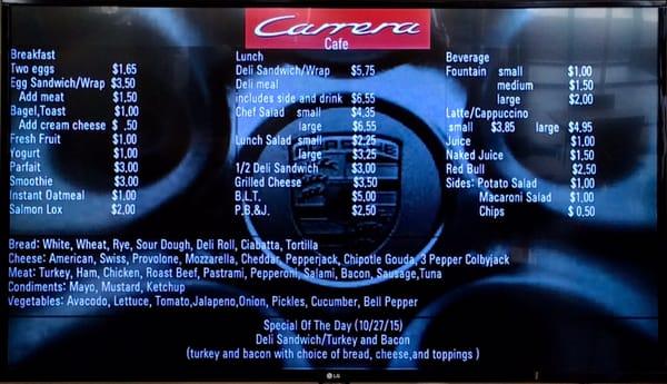 The Carrera Café Menu along with the daily special at the bottom.