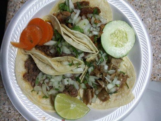 Lengua,Barbacoa,Pastor,and tripa tacos to go.