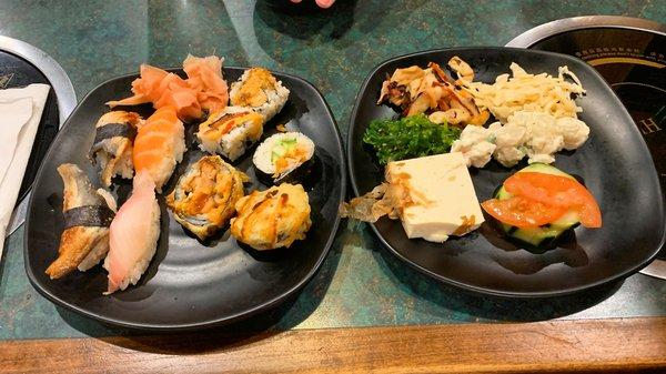 Suchi and nigiri (left) and tofu and salads (right)