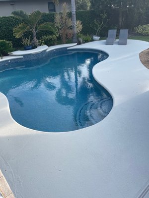 New pebble tech, glass tile and painted deck.