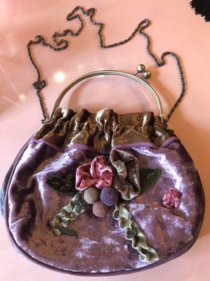 Vintage velvet bag with floral design with metal handle or chain strap to choose from.