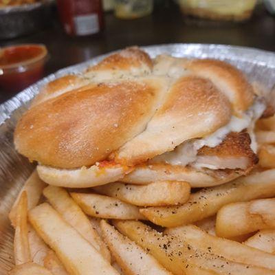 Chicken parm garlic knot special with fries. Comes with soda. 7.50.