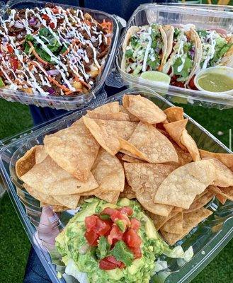 Chips and Guacamole/ Guajillo Fries Beef/ Pork Pastor Tacos