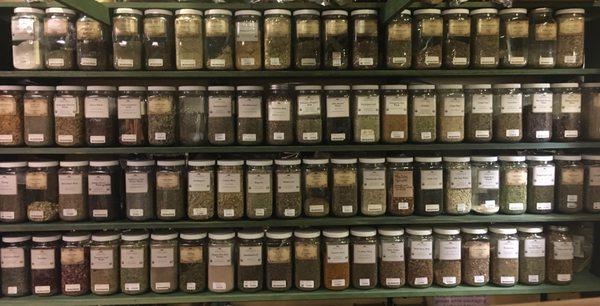 Bulk herbal apothecary for organic plant materials, sold by the ounce.