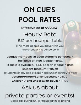 On Cue's Pool Rates
Addendum: First responders (and similar) also get the 25% off discount!