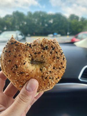 Sausage, egg, and cheese on everything bagel