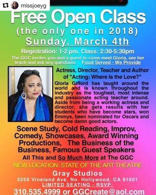 The 2018 Open Class for the Gloria Gifford Conservatory is on Sunday March 4th. Free to all actors. Free food. Join us!