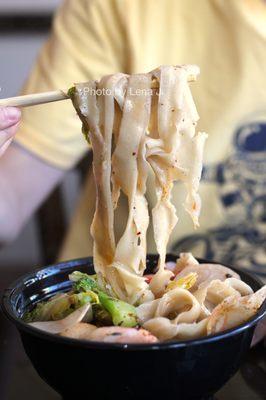 Seafood Spicy Hot Pot ($14.99) with Sliced Noodles - fish ball, imitation crab meat, shrimp