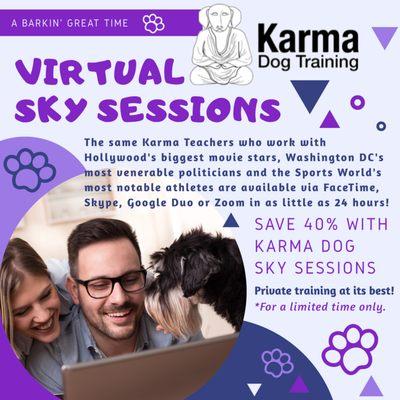 Virtual Sky Sessions. Save 40% with Karma dog Sky session