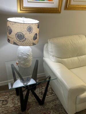 Pair of glass side tables AND pair of side table lamps with matching shades