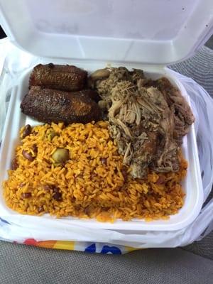 The Large was $5.99.   Enough for two people.   Pernil, rice and gandules and Maduros.