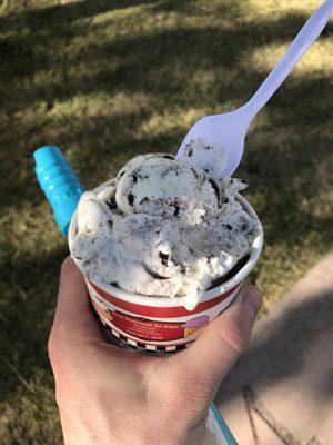 A scoop of cookies n cream and a scoop of butter pecan from Karen's Creamery