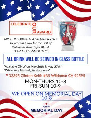 Free glass bottle with any drink purchase. Available only on May 26 and May 27.