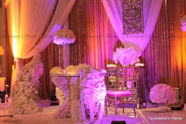 Bed of Flowers Hanging down, bride & groom Stage www.yasmeenasfloral.com