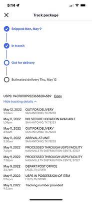 Out for delivery in the "real time" tracking.  -but it's not!