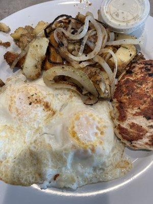 Breakfast special with Greek Chicken. Amazing!