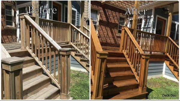 Wooden porch  before  and after power washing and sealing in Clarendon Hills