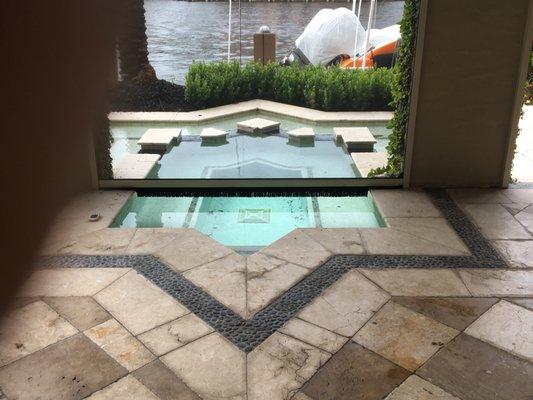 Motorized Screen over pool with custom bottom seam