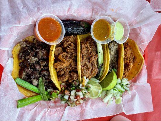 all 5 tacos: carne asada, al pastor, birria, cabeza, chicken tinga